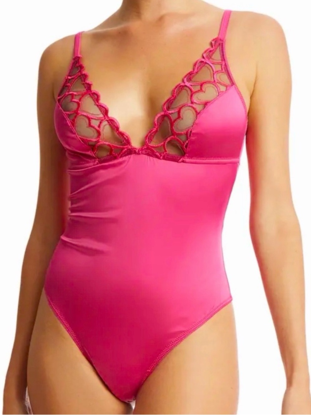 NWT Hanky Panky Hot Pink Lace-Accent “I Heart You” Sleepwear Bodysuit